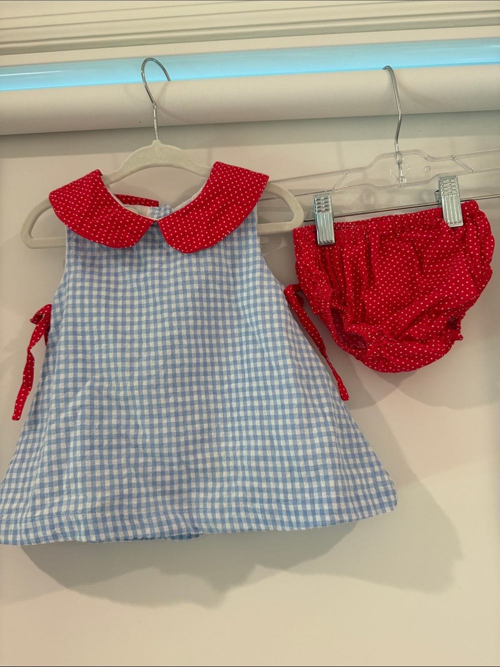 Baby Girls Blue Gingham Dress with Red Polka Dot Collar & Red Bloomers